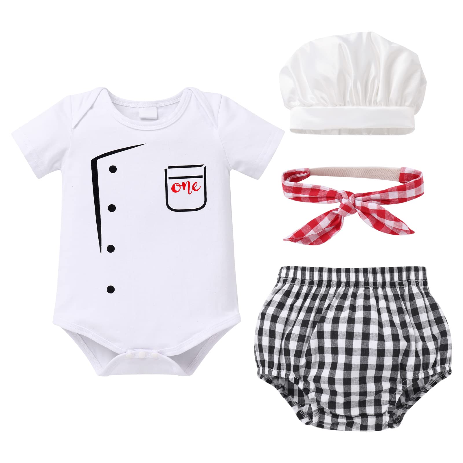 Baby Chef 4-Piece Bakers Outfits - Black White Plaid Chef Romper + Shorts + Bowtie + Hat (12-18 Months)