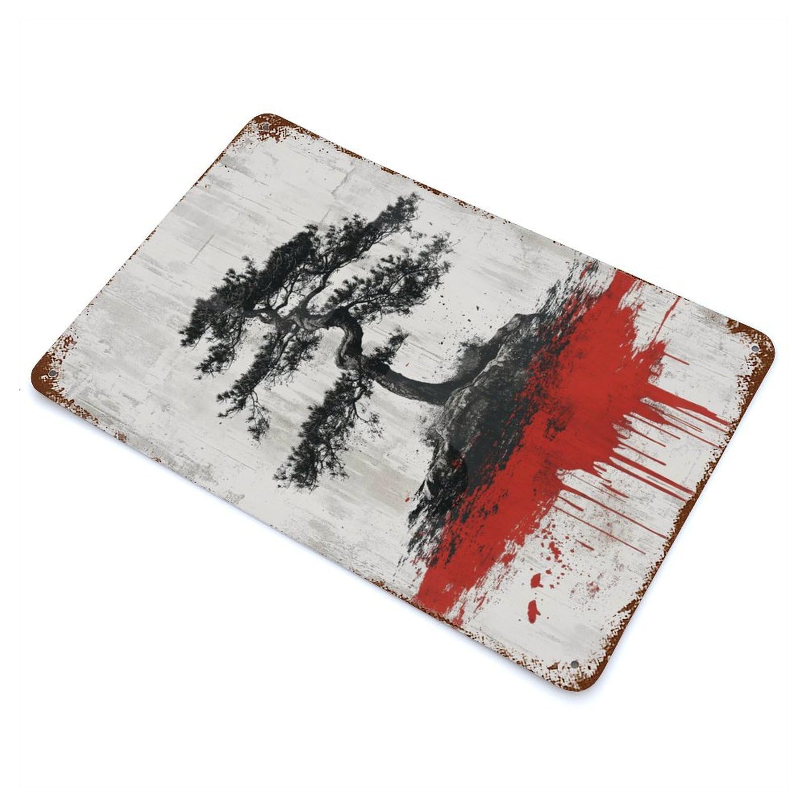 Garage Style Bloodstained Bonsai Tree Rust Effect Tin Sign 11.8"x7.9", Classic Wall Plaque for Bar And Workshop