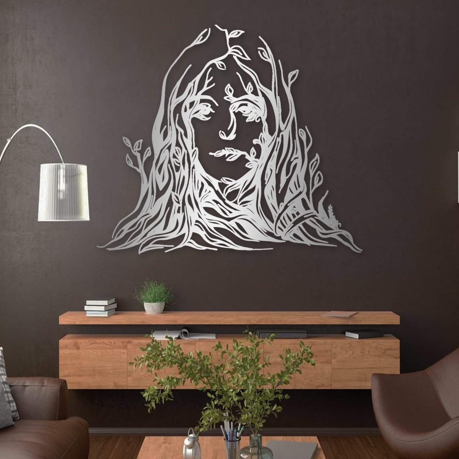 Metall-Wanddeko Baum Frau, Feminine Kunst, Frauenkunst, Frauen, Kunst, Baumdeko, Astdeko, Wohndeko (Weiß, 70 x 60 cm)