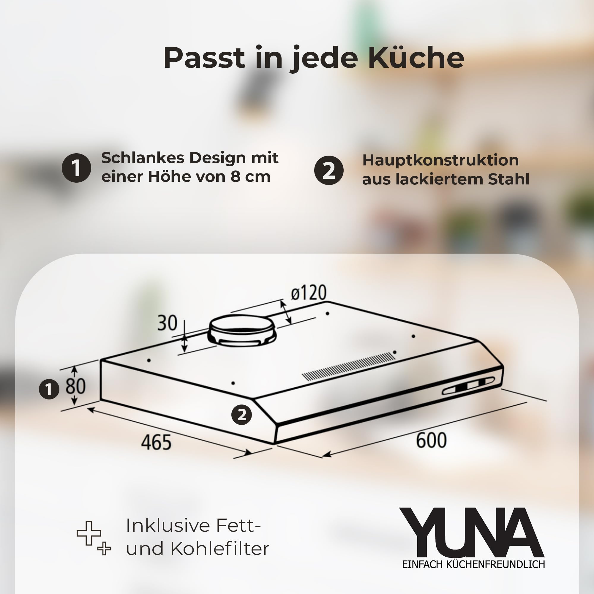 YUNA Dunstabzugshaube Milena KUBH 60210 Unterbauhaube Abluft Umluft 210m³/h LED