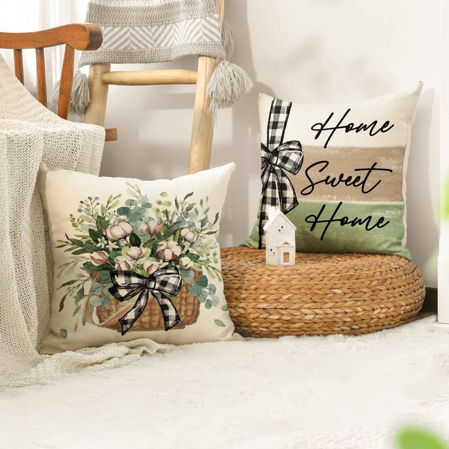 AVOIN colorlife Home Sweet Home Farmhouse Eucalyptus Leaves Throw Pillow Covers, 16 x 16 Inch Truck Stripes Buffalo Plaid Cushion Case Decorations Set of 4 - Image 5