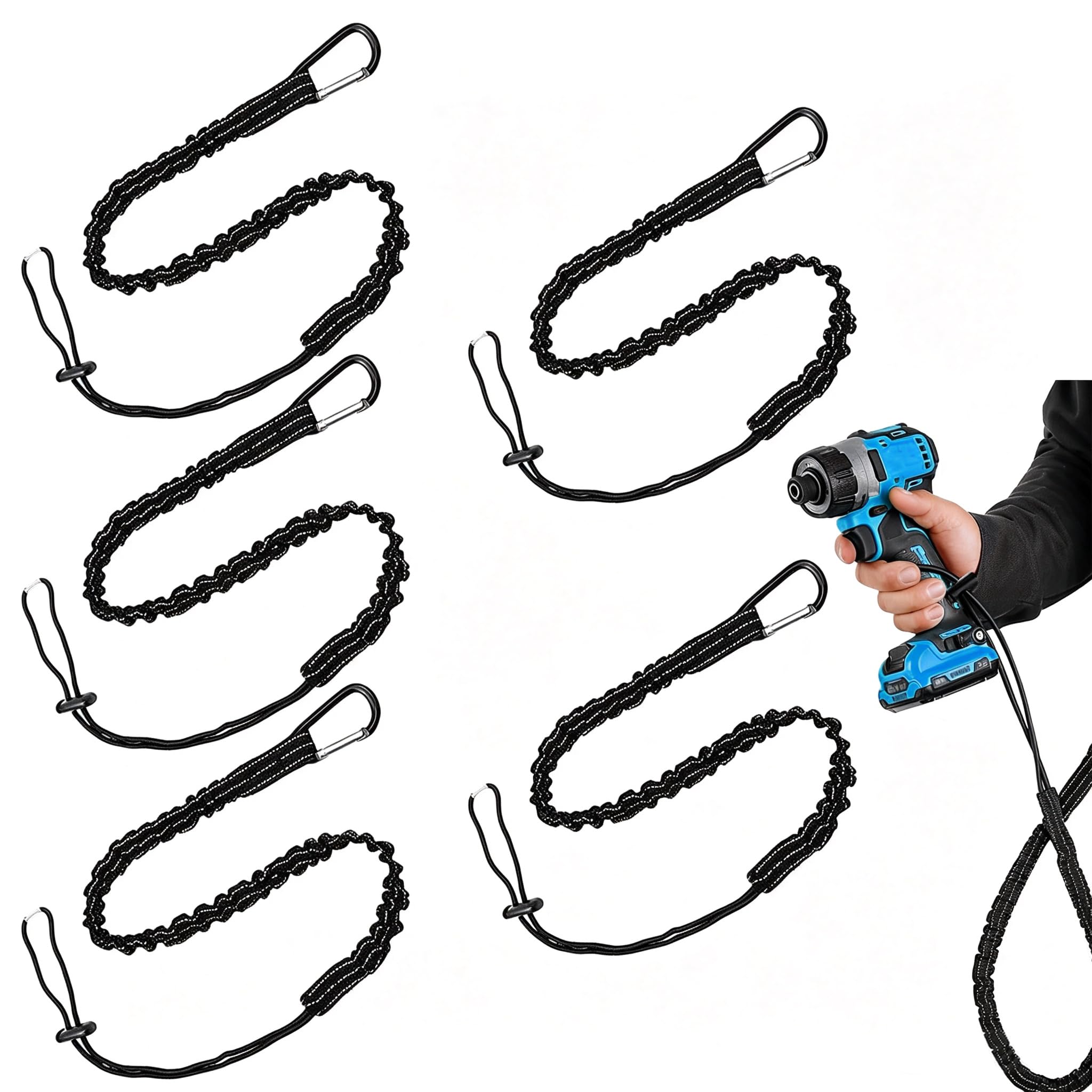 SANTUO 5 Pcs Tool Tether, Black Safety Lanyard with Spring Carabiner and Adjustable Loop, 90-130cm Stretch Length for Fall Protection When Working at Heights, Maximum Load 10KG/22LBS
