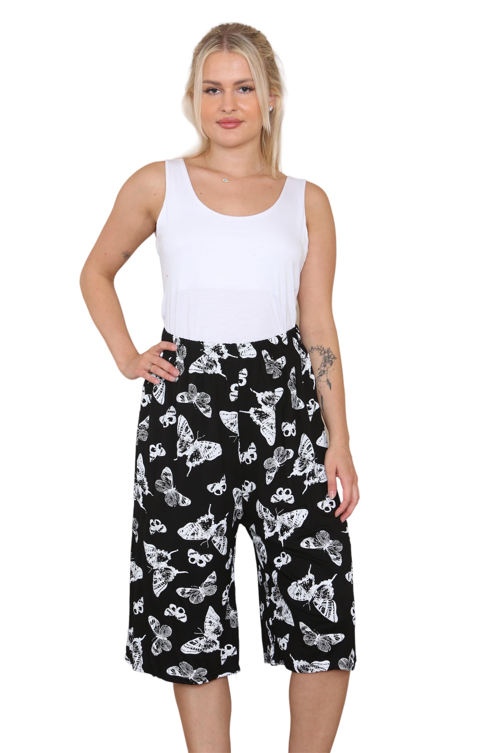 Purple Hanger Womens Plus Size Floral Spot Paisley Print Ladies Stretch Elasticated Waist Wide Leg Culottes Shorts (as8, Numeric, Numeric_16, Numeric_18, Regular, Regular, Butterfly Print)