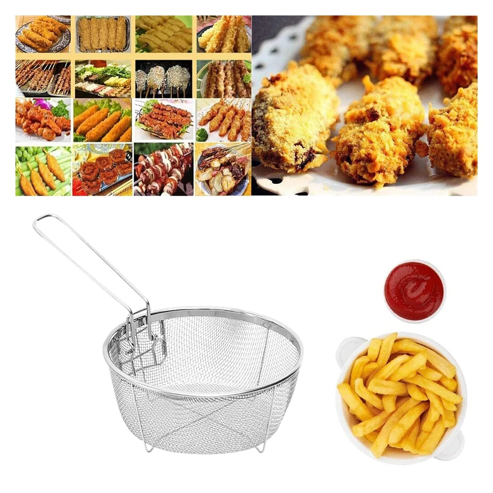 Kosz na frytki, kwadratowy kosz do smażenia, ze stali nierdzewnej, kosz na frytki, przenośny kosz na smażony kurczak z uchwytem, kosze do smażenia z uchwytem (kolor: 23 x 23 cm)