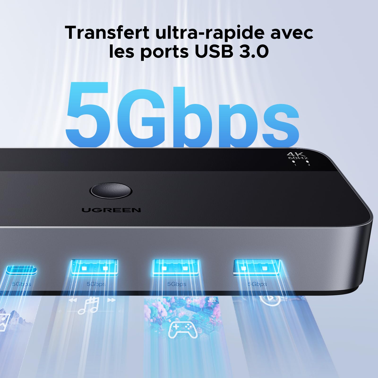 UGREEN Switch HDMI KVM 4K 60Hz 2 Entrées 1 Sortie avec USB 3.0 Ports 3A1C | 5Gbps USB Ports pour Clavier Souris Disque Dur Commutateur KVM Switch USB avec Contrôleur de Bureau et 2 Câbles HDMI 1M