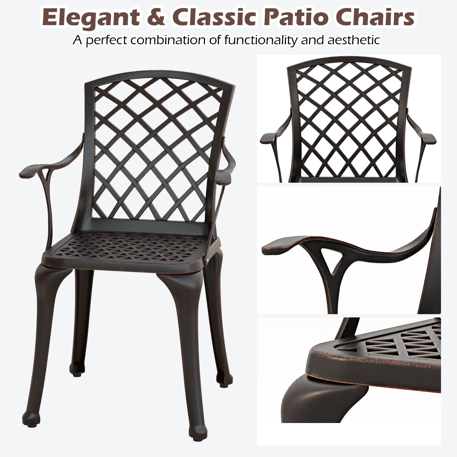 KOMFOTTEU Juego de 2 Sillas de Jardín de Aluminio Fundido, Silla Terreza Exterior con Reposabrazos y Respaldo, Silla de Bistró con Carga 110 kg, Silla de Comedor para Balcón, Patio (Bronce)