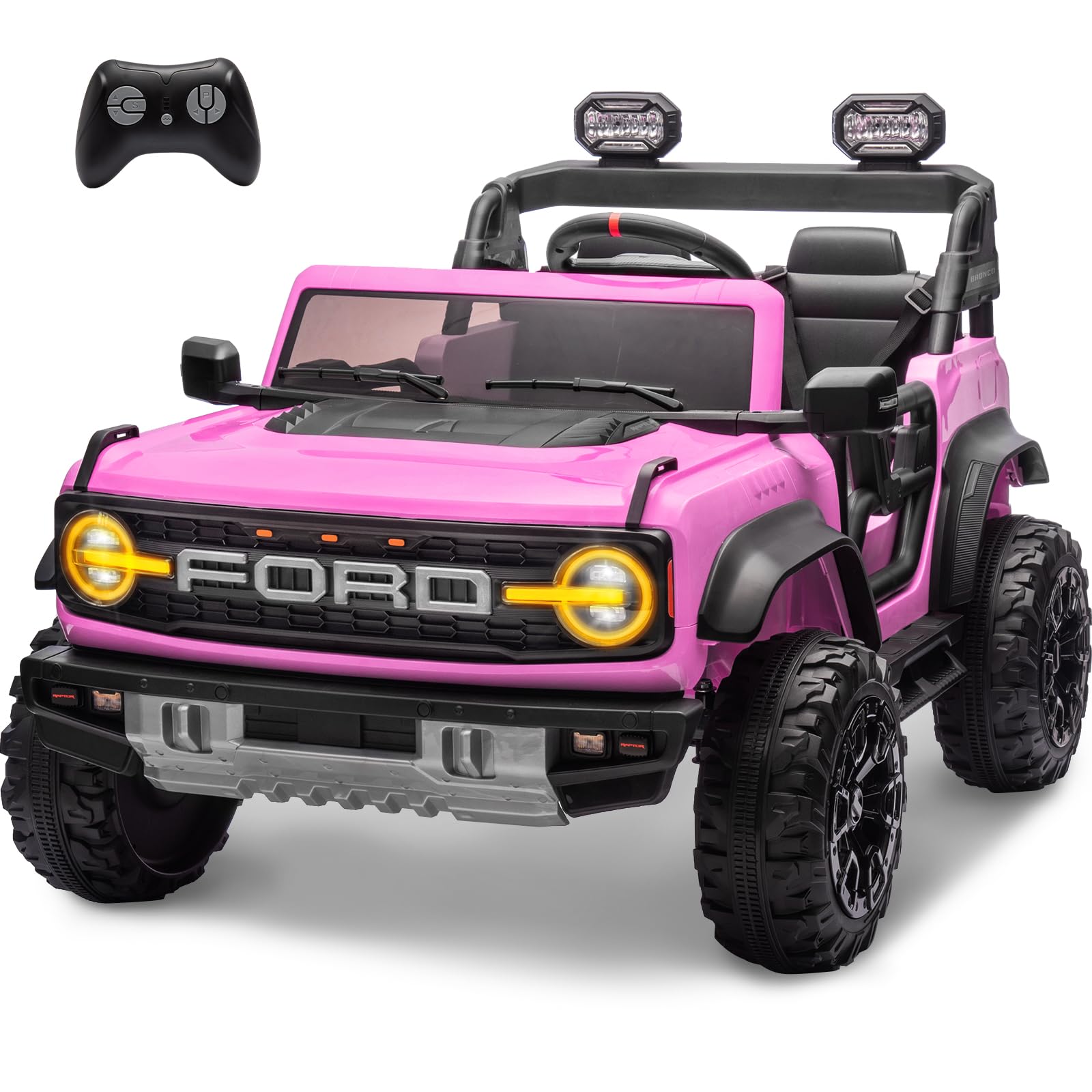 ENYOPRO 24V Ride On Toys for Big Kids, Licensed Ford Bronco Raptor 2 Seater Kids Electric Vehicle, Battery Powered Ride On Car Jeeps w/Remote Control, Bluetooth, 3 Speed, LED Lights for Ages 3+, Pink