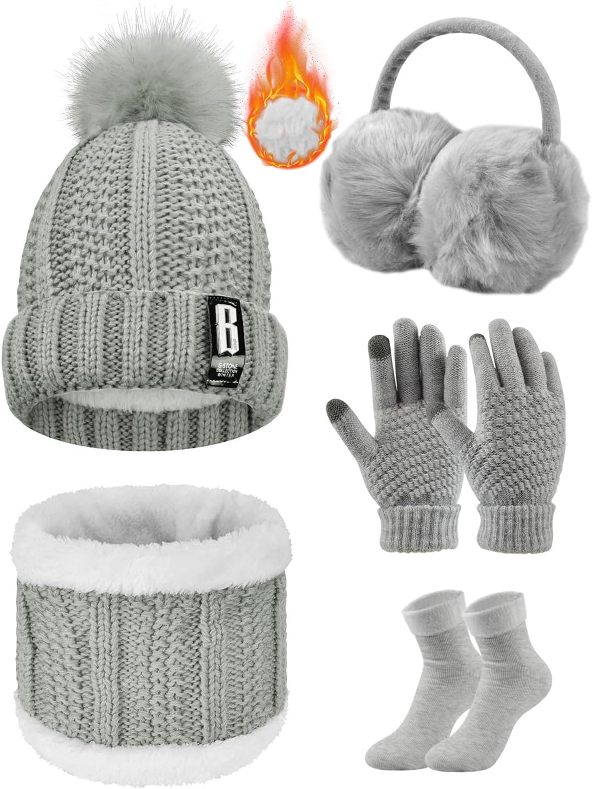 Knitted Hat and Scarf Set 5 PCS Winter Set,Plush Ear warmers Warm Knitted Scarf Beanie Hat and Touch Screen Gloves Set Women Thermal Socks for Skiing Hat Outdoor Sports