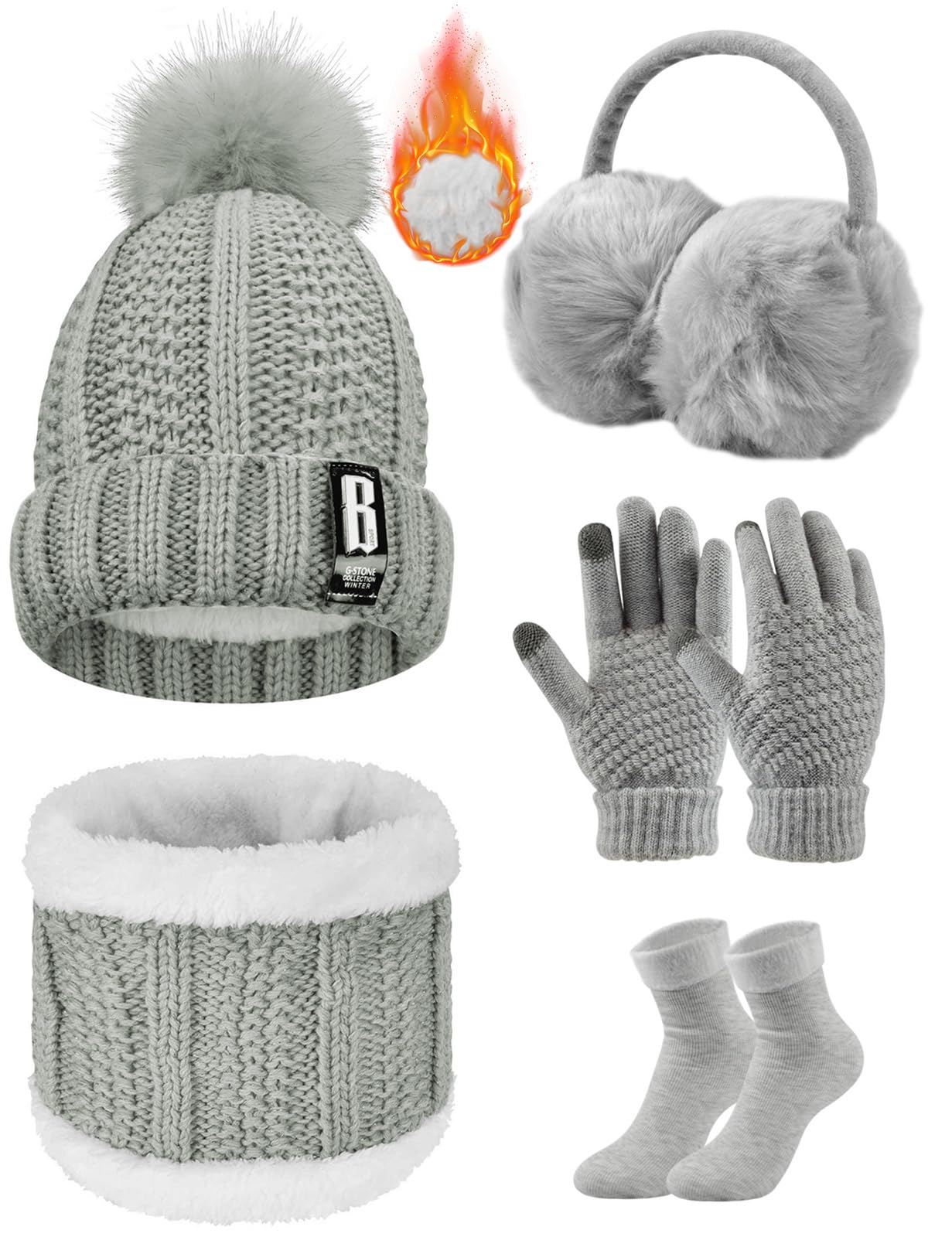 Tuopuda Cappello Sciarpa e Guanti Touch Screen Donna Invernali Berretto in Maglia Beanie Collo della Ciarpa 5 Pezzi Beanie Hat Scaldacollo Calzini Ispessiti Paraorecchie Earmuffs di peluche