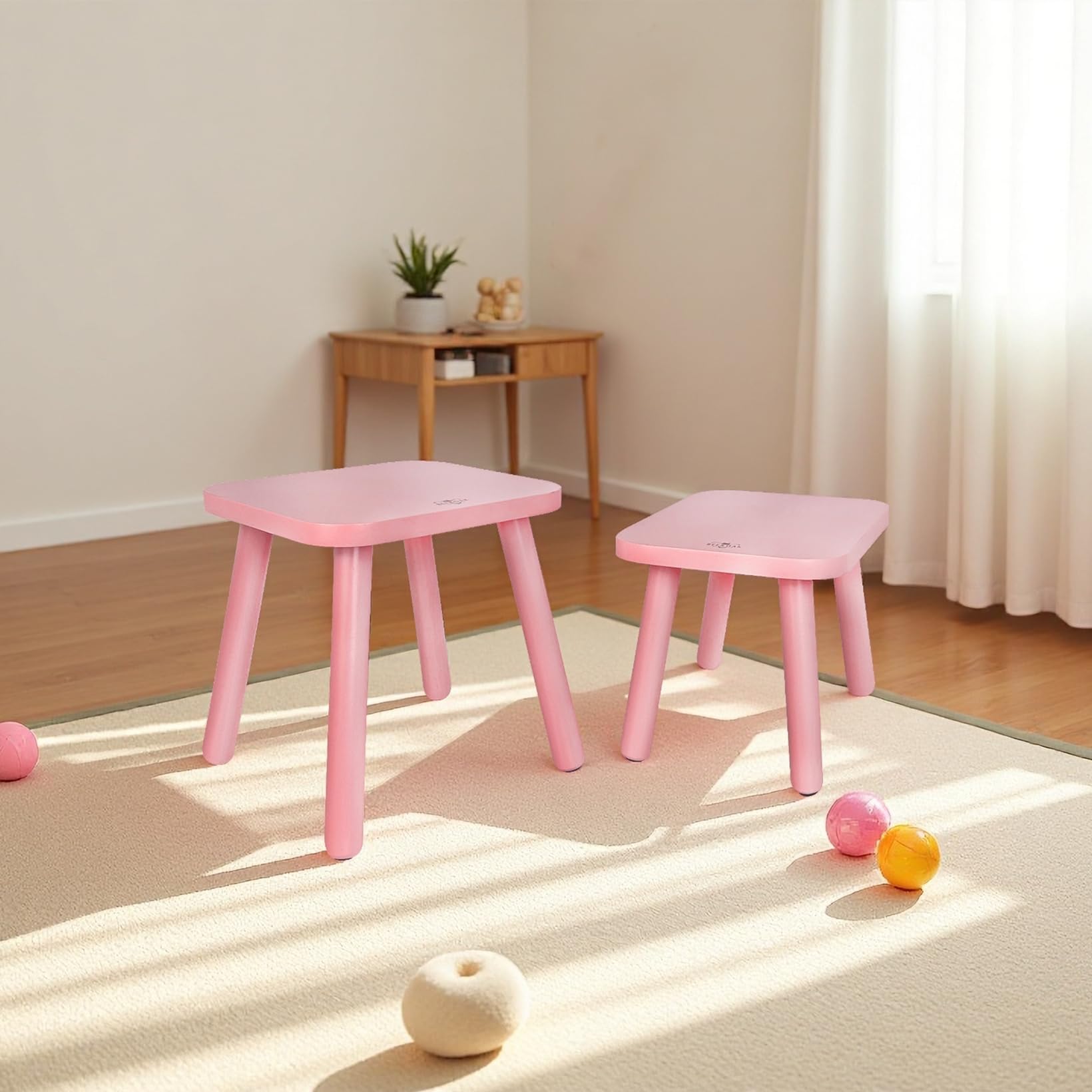 BEE&OAK Wooden Step Stools for Adults, Solid Rubber Wood Non-Slip Step Foot Stool, Heavy Duty 300 lbs One Step Stool for Bedroom, Bathroom, Kitchen (Pink, 9.25" (D) x 9.25"(W) x 8.86"(H))