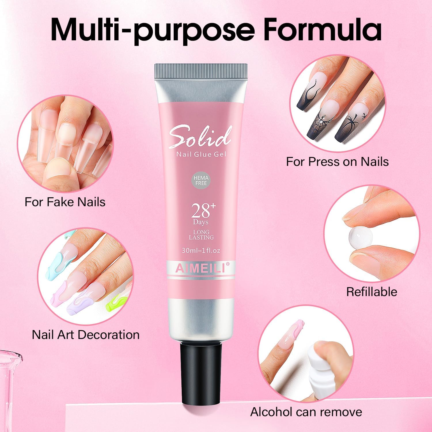 AIMEILI Solid Nail Glue 30 ml, 3 w 1 klej żelowy, mocny klej do paznokci do tipsów i miękkich żelowych tipsów