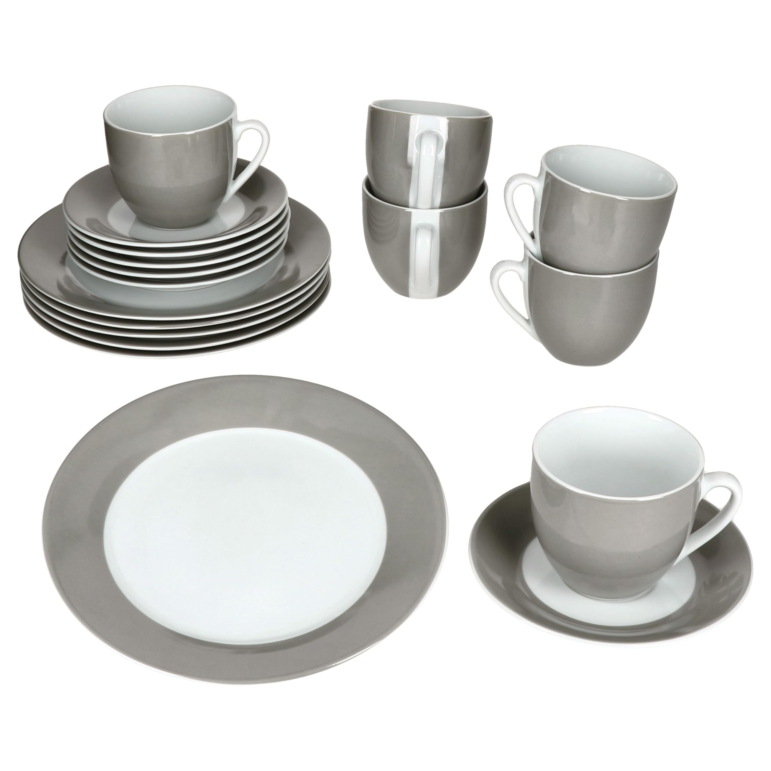 MamboCat Variant Grau 18tlg Kaffeeservice I farbige Porzellan-Kaffeeset für 6 Personen I Je 6X Kaffeetassen 200ml, Untertassen & Kuchenteller I buntes Geschirr für Frühstück & Kaffee