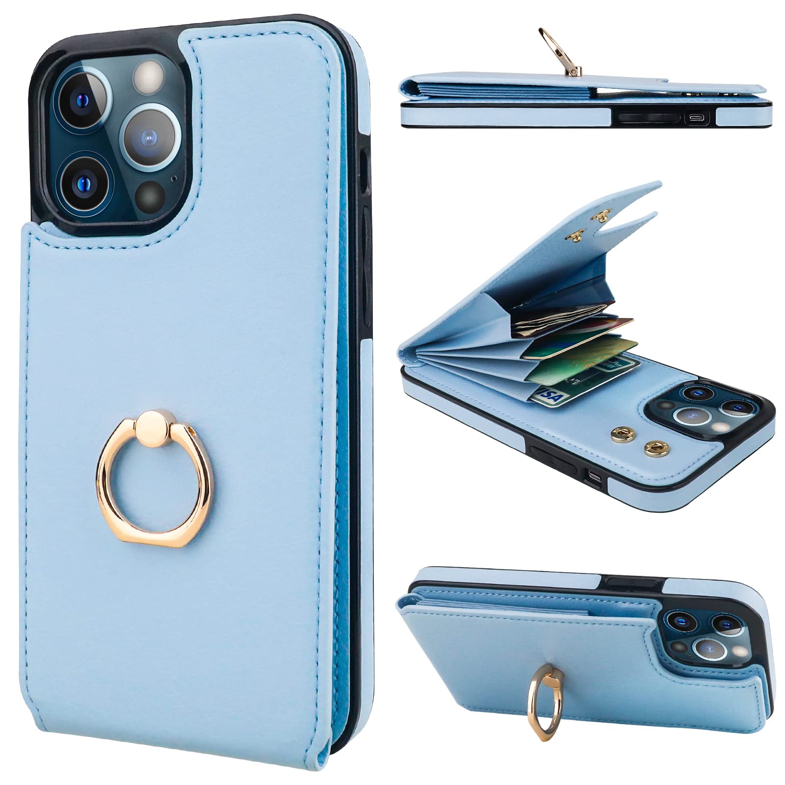 Folosu Compatible with iPhone 13 Pro Max Case Wallet with Card Holder, 360°Rotation Finger Ring Holder Kickstand Protective RFID Blocking PU Leather Double Buttons Flip Shockproof Cover 6.7 Inch Blue