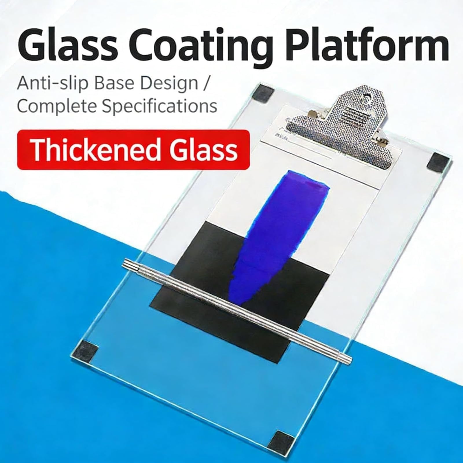 Nassfilm-Applikatorplatte, 8 mm Dicke, Laborglas-Beschichtungsplattform mit Metallclip und rutschfester Unterseite für Farb- und Tintentests, Forschungsgebrauch (180 x 480 mm)