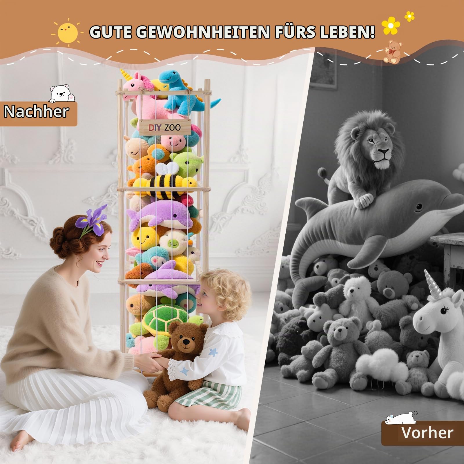 Sunowl Kuscheltier Aufbewahrung, Stofftier Aufbewahrung Mit 360°Bremse-Ausgestattete Räder,138 * 41 * 41cm für Kinderzimmer, Spielzimmer, Wohnzimmer usw