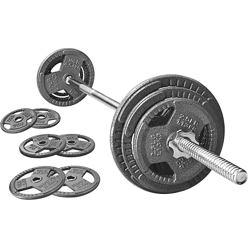 Fitvids Barbell Weight Set, Cast Iron 1" Standard Weight Plates Including 5FT Standard Barbell Bar & Star Locks, 45 Pounds Set (35 Lbs Plates + 10 Lbs Barbell Bar), Multiple Packages