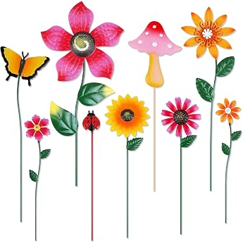 Metal Garden Stake Decoration Set Weatherproof Flowers and Butterfly Garden Decoration Various Sizes and Designs Garden Decoration for Garden Yard Patio Balcony Flower Top Pack of 10