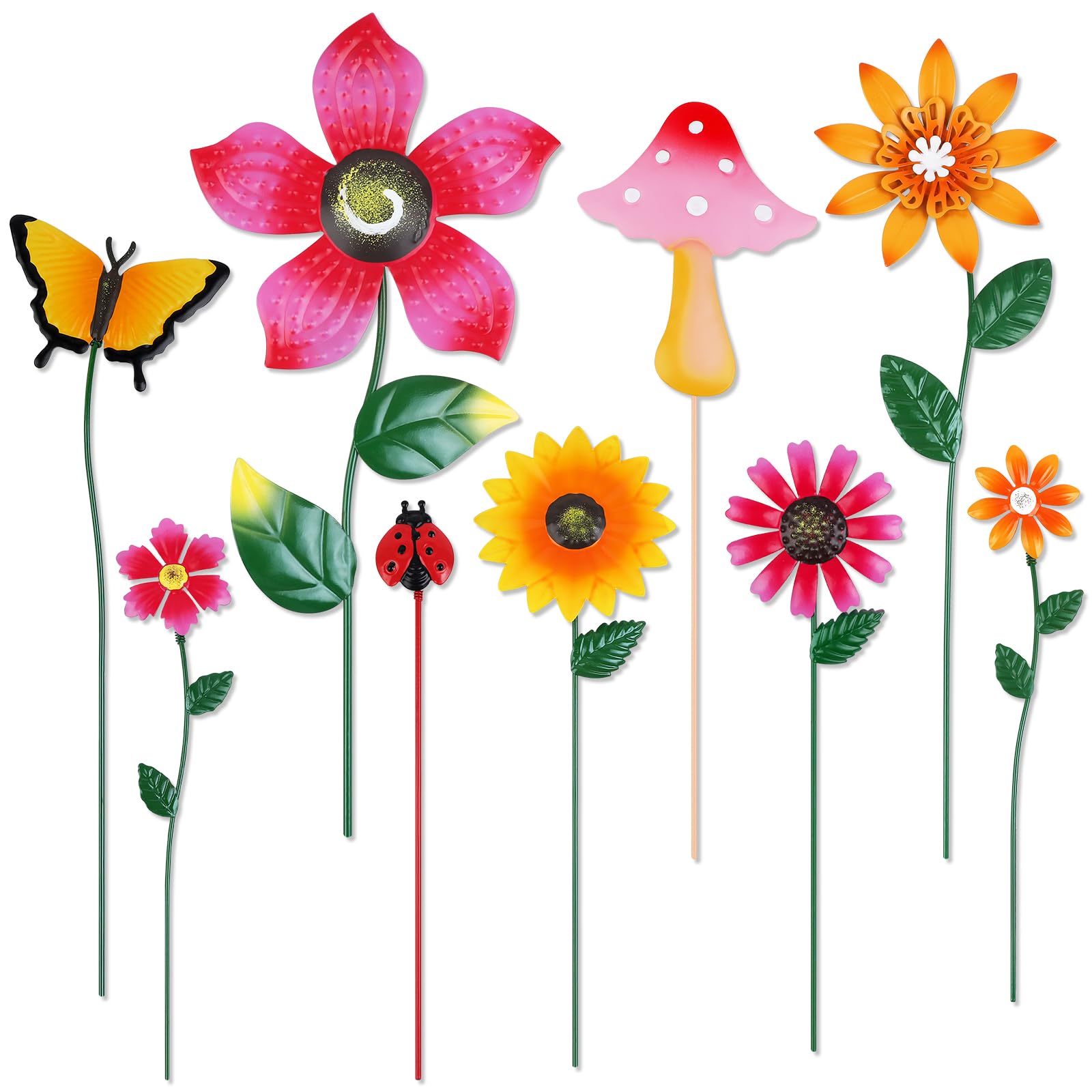10 Pezzi Fiori in Metallo per Giardino Set 28-42CM Decorazioni da Esterno con Testa Regolabile a Molla Ornamenti Colorati per Aiuole con Girasole Farfalla FungoRegalo Giardino Creativo
