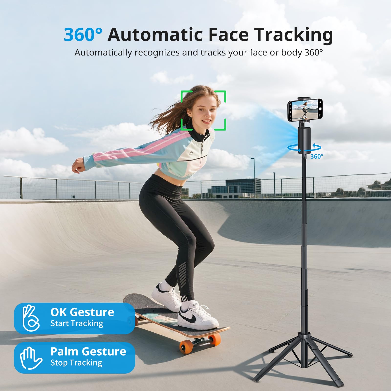 Fuloview Trípode de seguimiento facial automático, trípode de teléfono de 67 pulgadas para iPhone, rotación de 360° sigue tu movimiento, control remoto Bluetooth, soporte para teléfono para vlog