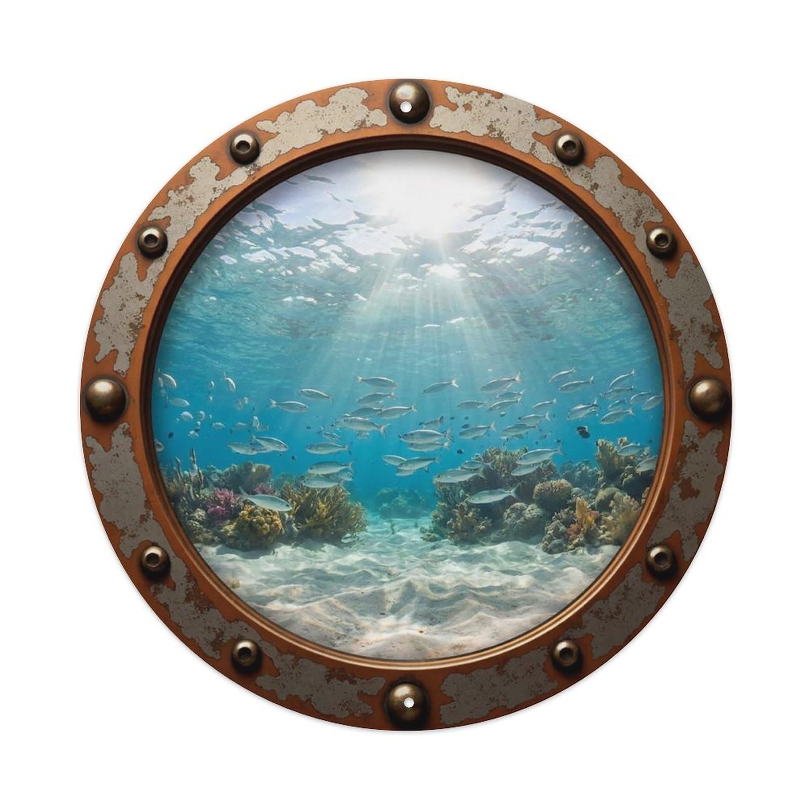 Vintage Porthole School Fish Nautical Window View Vintage Metal Tin Sign Plaque Wall Decor for Cafe, Club Bar, Office, Garden Metal Poster 8x8Inch
