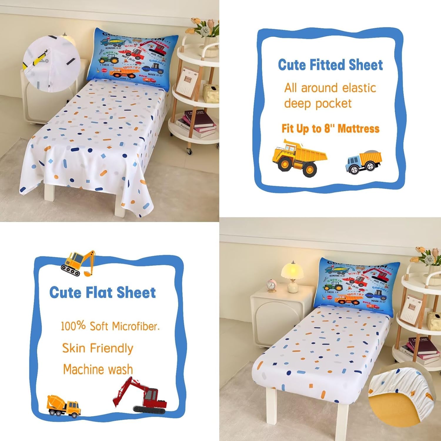 4 Piece Toddler Bedding Set for Boys,Cars Construction Toddler Bed Comforter Set Includes Comforter,Flat Sheet,Fitted Sheet and Pillowcase,Christan Trucks Tractors Bed in A Bag for Kids Bedroom - Image 6