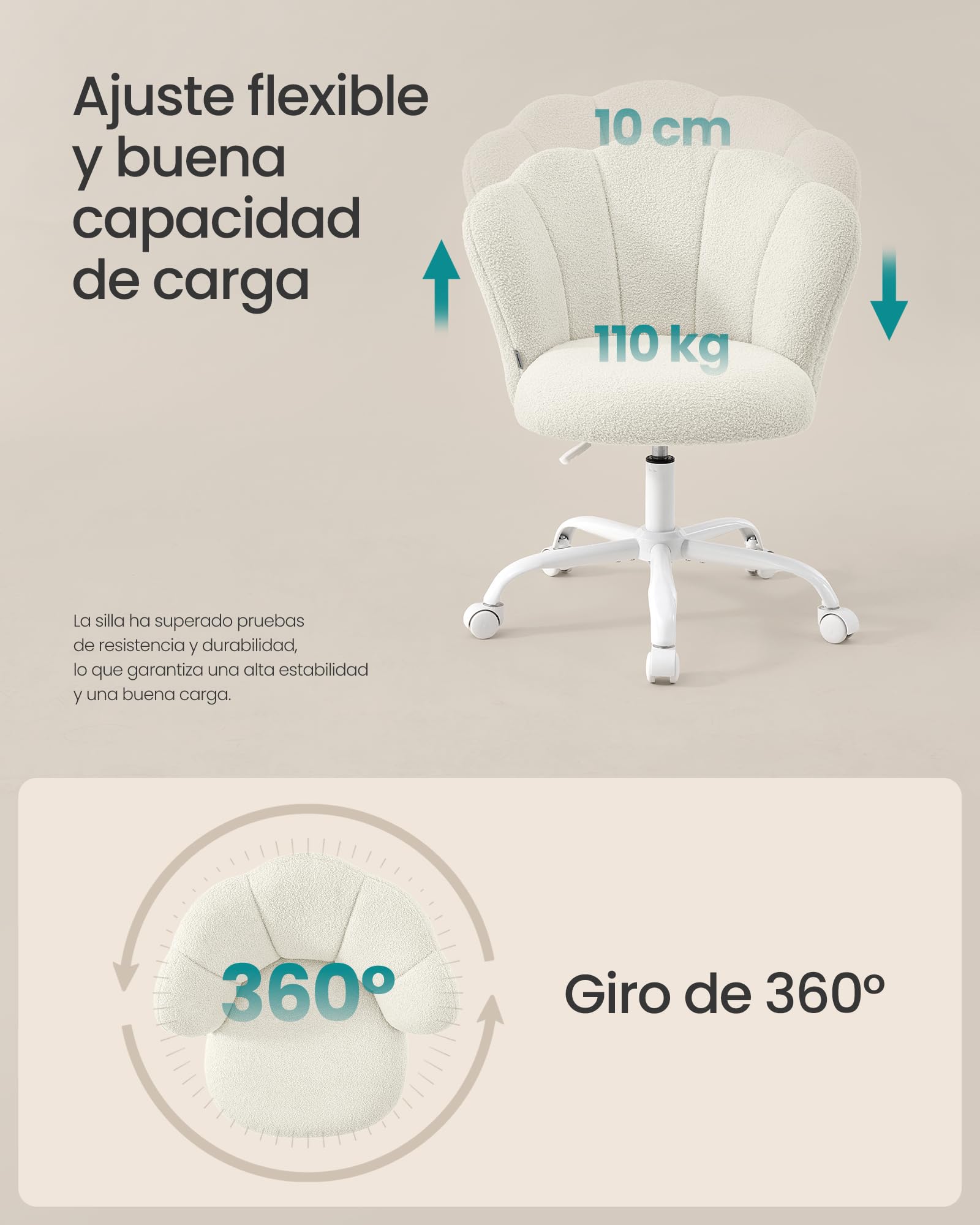 SONGMICS Silla de Oficina Giratoria 360°, Silla de Tocador Acolchada, Tela de Peluche, Soporta 110 kg, Respaldo en Forma de Pétalos, Altura Ajustable, para Salón y Dormitorio, Blanco Crema OBG030WD01