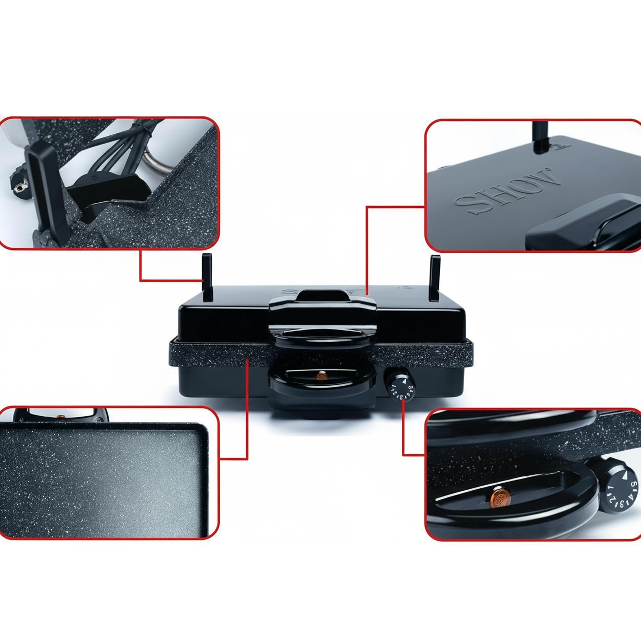 SHOV Multigrill Tandir 2000 W Black Edition z powłoką granitową, grzałka górna/dolna, 5-stopniowy termostat, system zbierania oleju, wskaźnik mocy – grill kontaktowy i grill stołowy (Black Edition bez