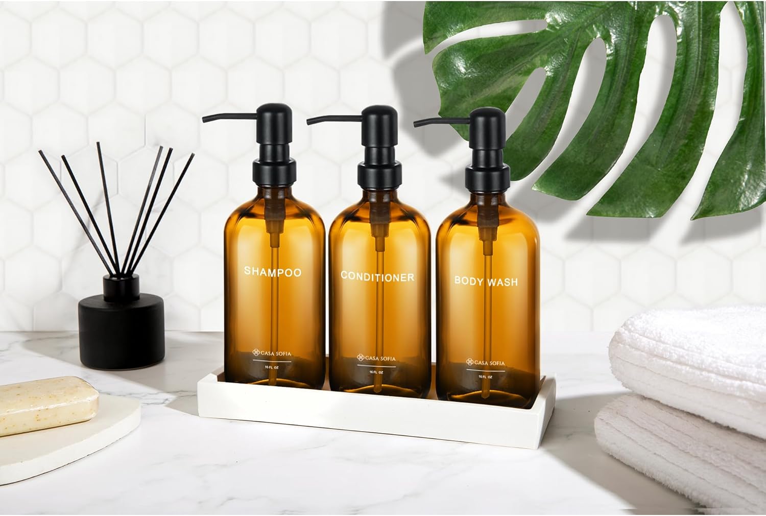 Amber Glass Shampoo and Conditioner Dispenser Set – Refillable 16 oz Pump Bottles with Concrete Tray – Luxury Bathroom Organization & Modern Shower Soap Dispensers