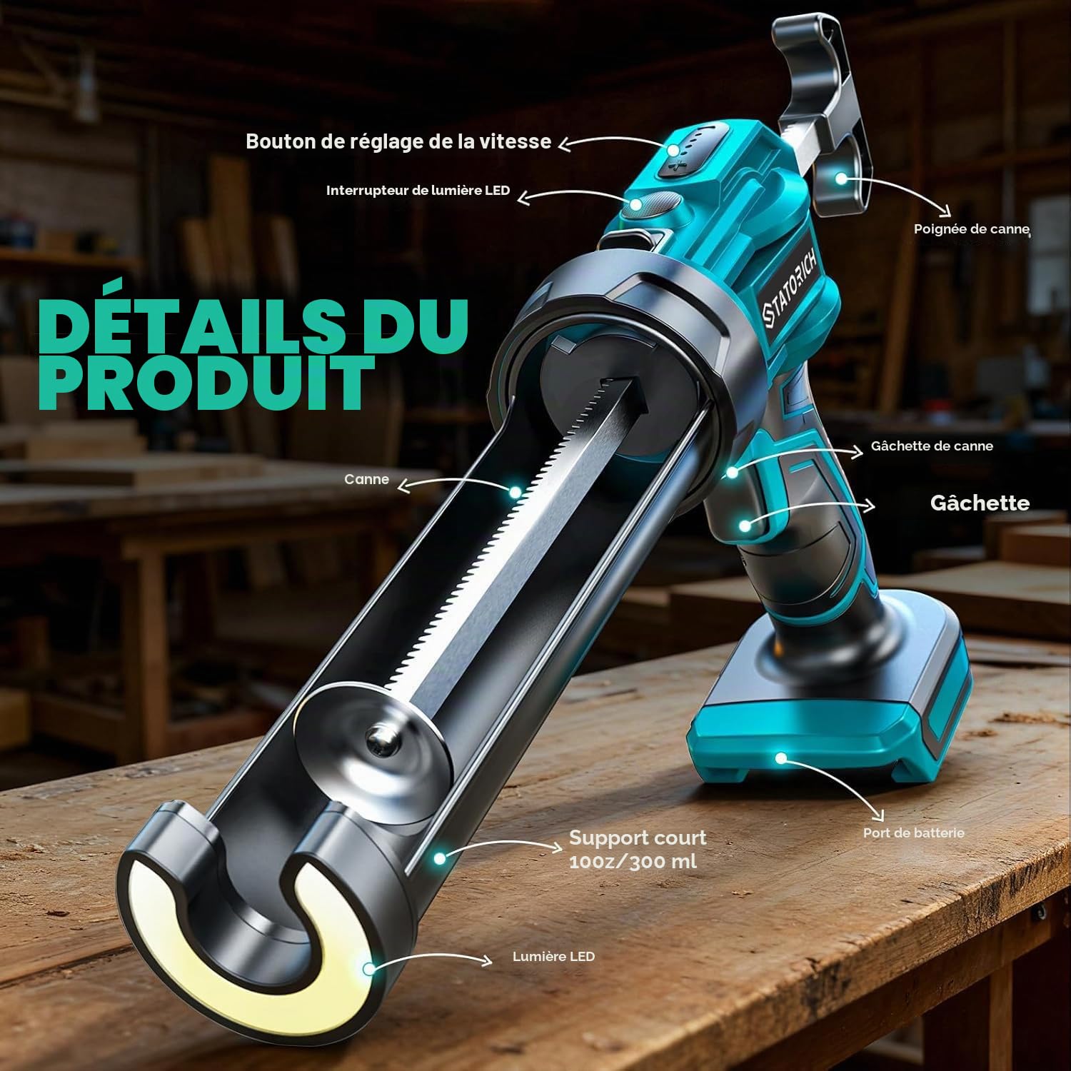 Pistolet à Cartouche Electrique Compatible avec Makita Batteries 18V sans Fil avec 2 x 2000 mAh Batteries, Pistolet Silicone Électrique de 300 ml, Lumière LED, 4 Vitesses, pour Calfeutrer (Bleu)
