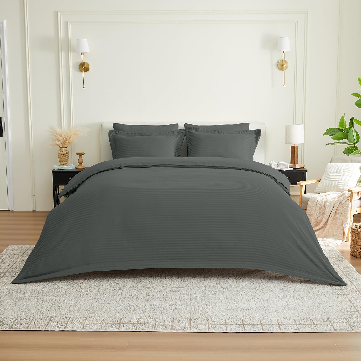 GC GAVENO CAVAILIA Satin Striped Bedding Sets King Size Duvet Cover - 3Piece Kingsize Duvet Cover Sets Pillow Cases With Button Closure - Hypoallergenic, Breathable Quilt Cover Bed Set, Charcoal