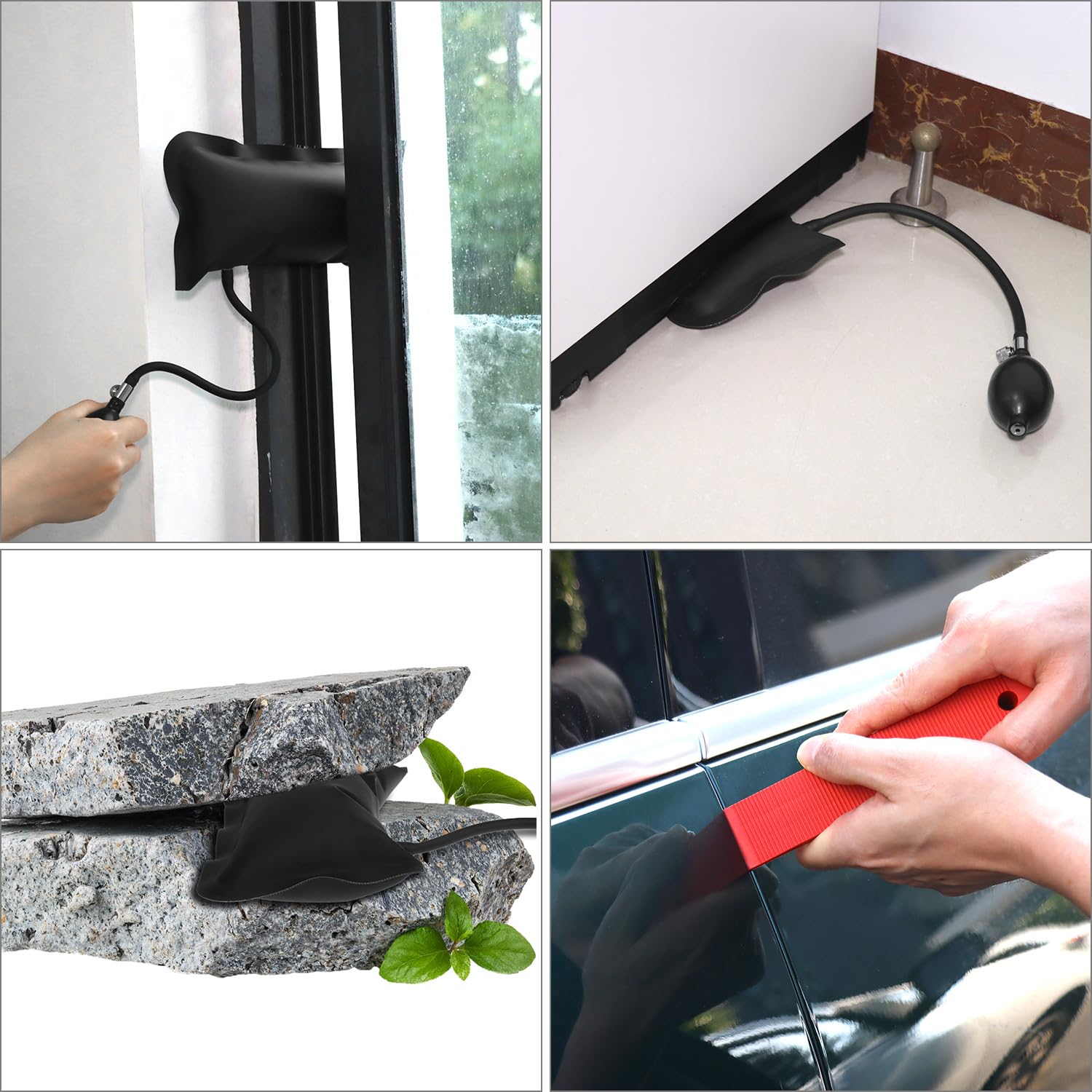 QWORK® 4 poduszki montażowe, podnośnik do poduszek powietrznych, obciążenie 150 kg, z 2 klinami z tworzywa sztucznego – do montażu na oknach drzwiowych
