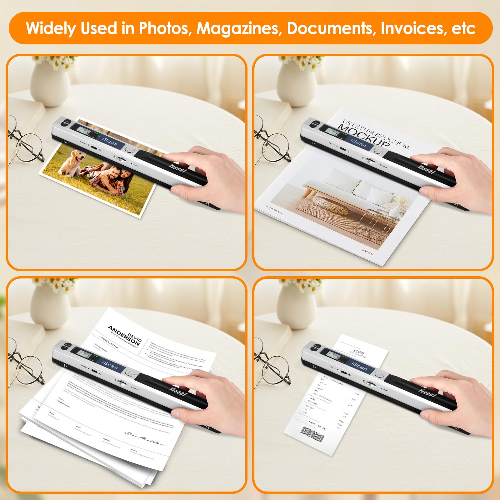 A4 Portable Scanner, USB Image Scanner Handheld Scanners Colour Scanning 900 dpi A4 Portable Document Scanner in JPG/PDF Format (Silver Scanners + 16GTF Card) — view 6