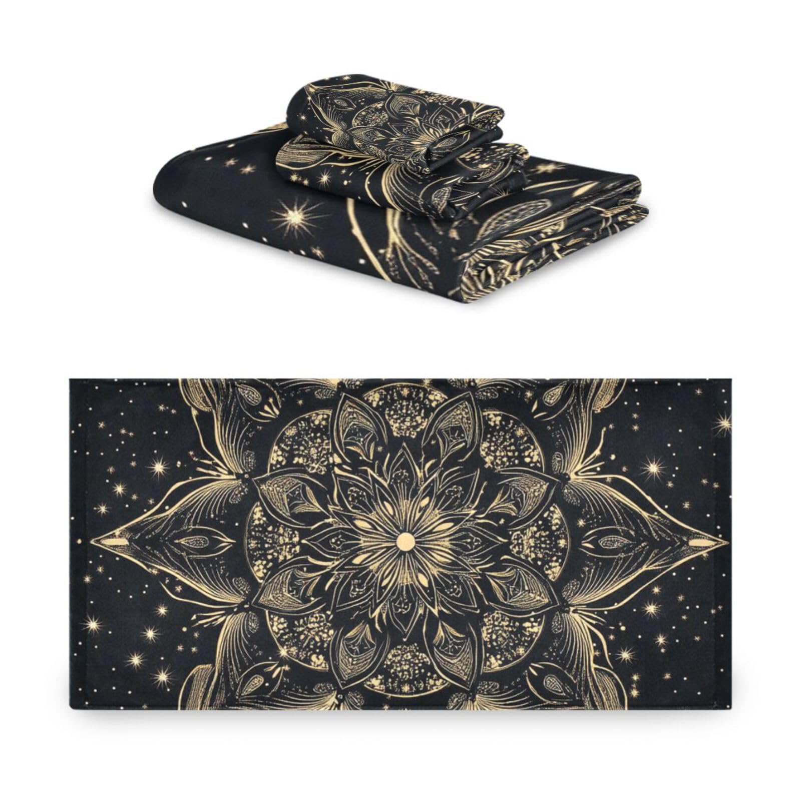 Schwarz-goldenes Mandala-Gesichtshandtuch-Set, schnelltrocknend, 3-teilig, 1 Badetuch, 1 Handtuch, 1 Waschlappen für Zuhause, Küche, Familie