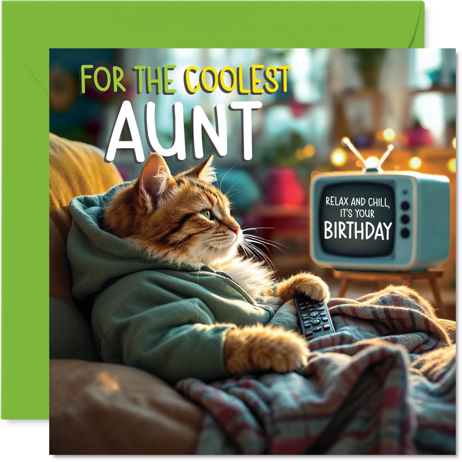 Aunt Birthday Card - TV Cat - Happy Birthday Card for Aunt from Nephew Niece, 145mm Cat Celebration Bday Greeting Cards