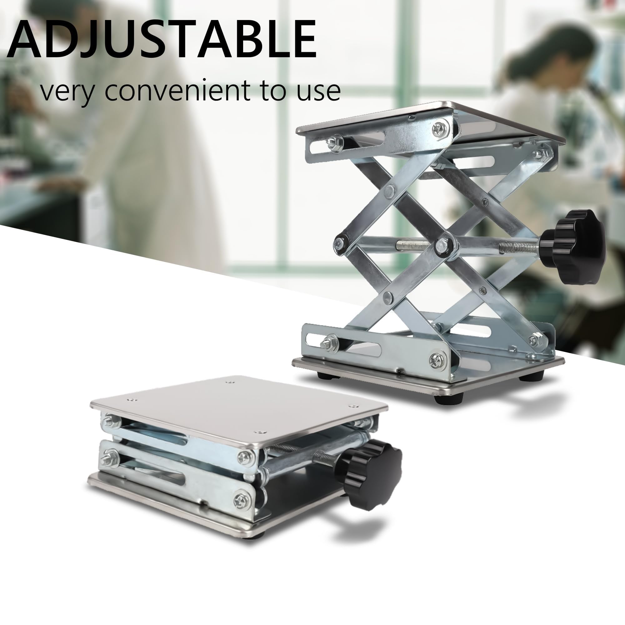 Elevador de tijera de 6 a 12 pulgadas para laboratorios, capacidad de 22 a 55 libras, altura ajustable de 65 a 460 mm, 4 especificaciones disponibles, plataforma de elevación compacta de 20 x 20 cm
