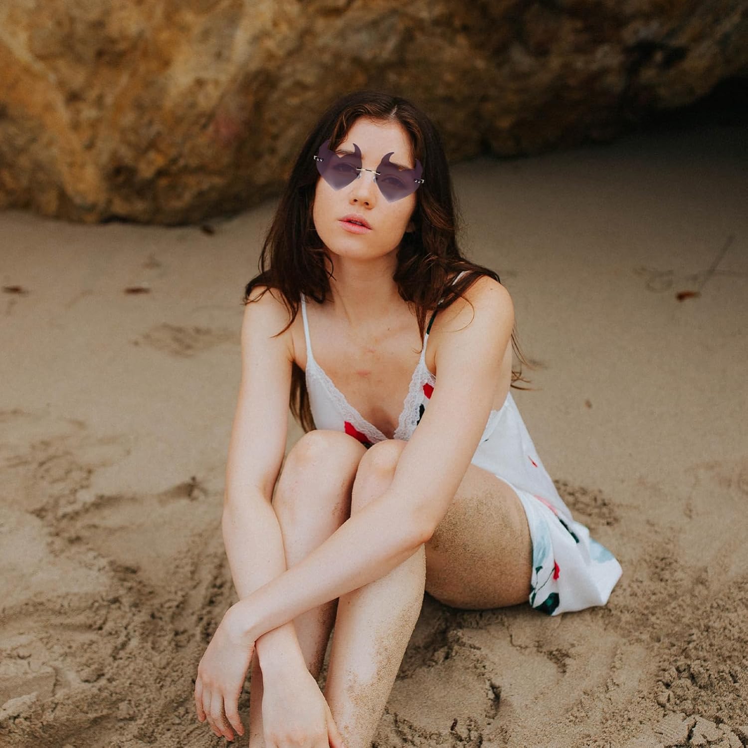 Frameless Heart-shaped Horn Sunglasses for Women and Men Stylish Decorative Eyewear for Parties and Daily Use Unique and Charming Design Gradient Grey Lenses