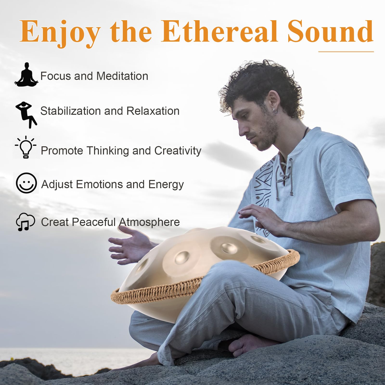 Handpan, 22 pulgadas 9 notas 440 Hz Oro Acero Tambor de Lengua en Re Menor Handpan Drum para Yoga, Meditación con Baquetas de Bolso, Soporte de Tambor