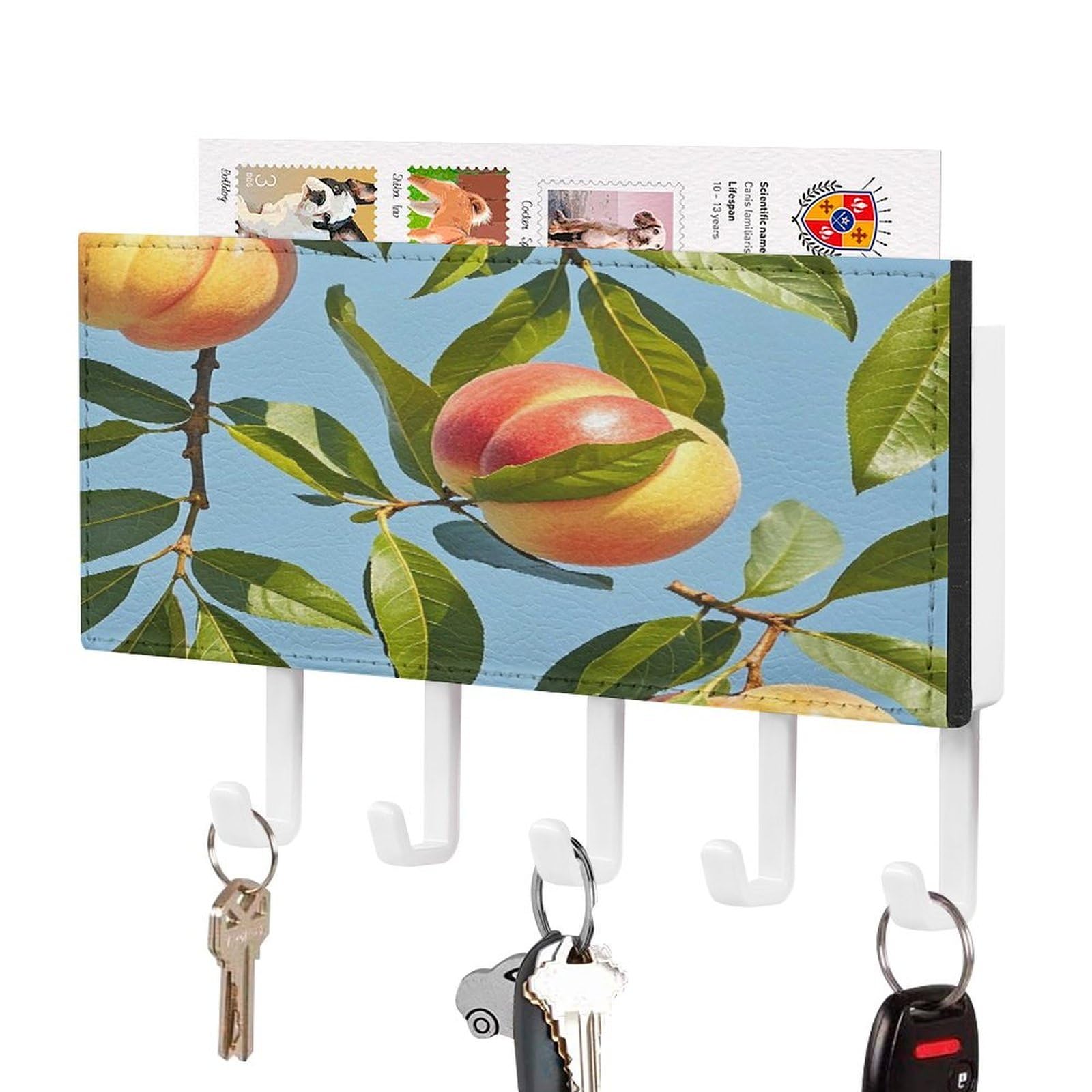 FekiLoot with Peach Leaves Key Holder Wall Mount Key Hooks for Wall Decorative with 5 Hooks PU Mail Rack Organizer with Shelf for Entryway Mudroom Hallway Office 7.1X4.3 in