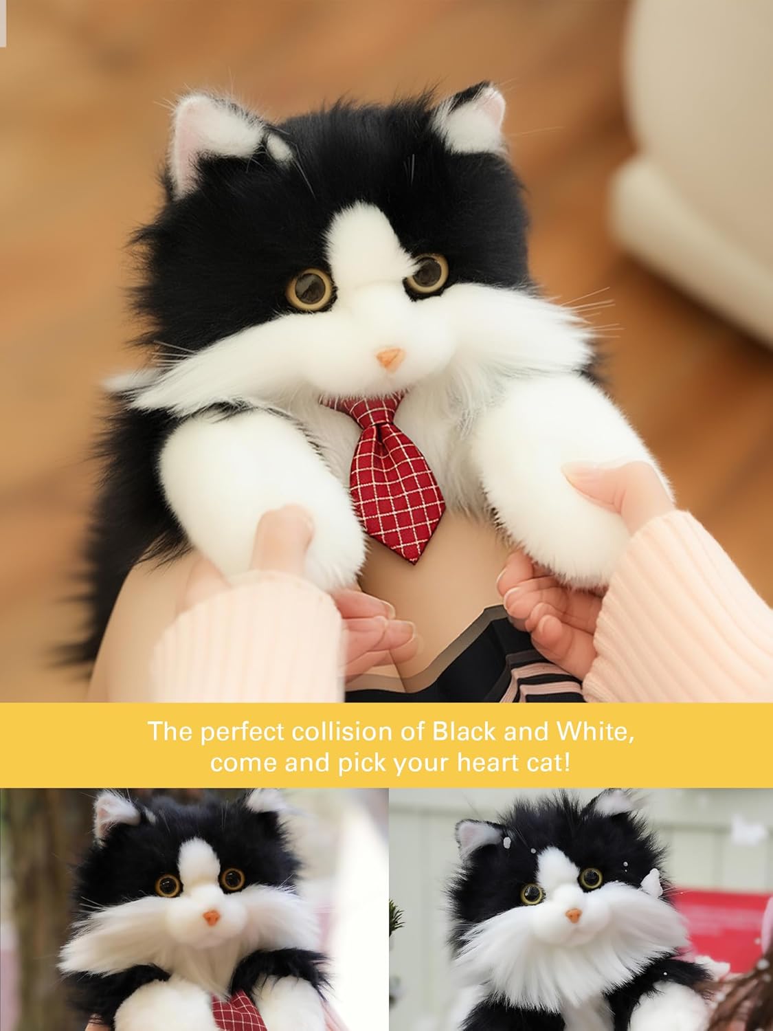 Stuffed Realistic Cat Plush Backpack - Carry Over Shoulder, on One Shoulder or Crossbody with Adjustable Straps Cute and Soft Stuffed Cat Backpack with Red Tie