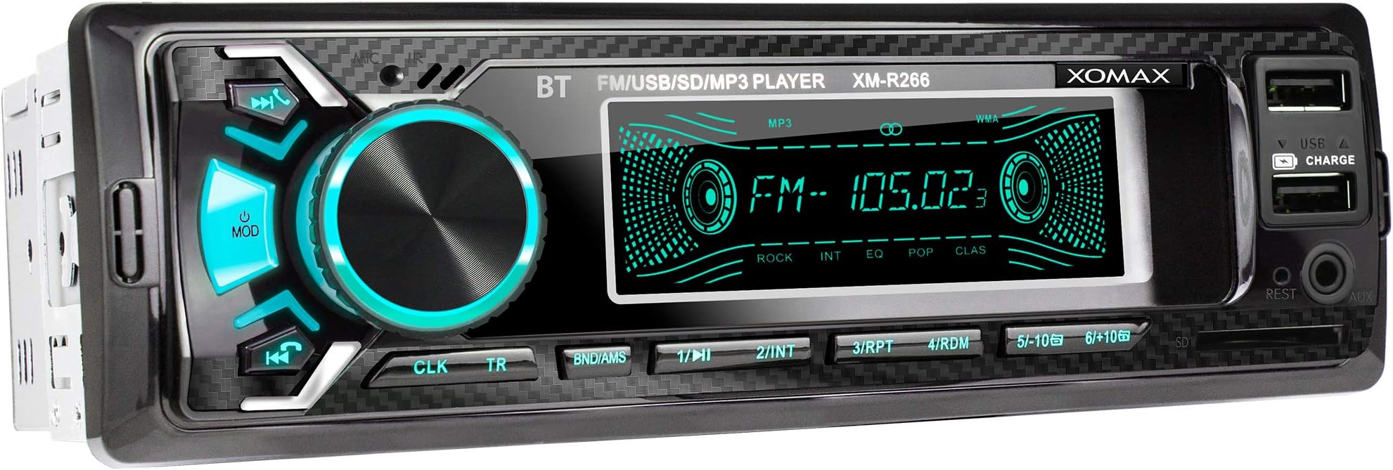 XOMAX XM-R266 Car stereo with Bluetooth Handsfree I Smartphone Charging Function via 2nd USB Port I Carbon Look I 7 LED Colours Adjustable I USB, SD, MP3, AUX I 1 DIN