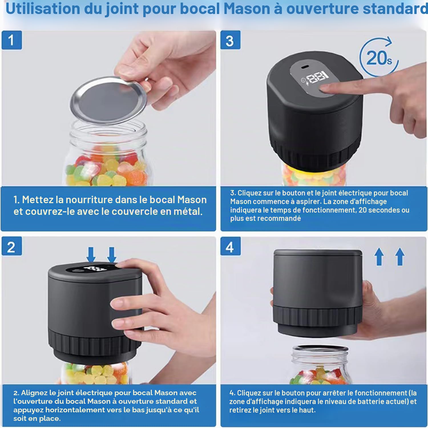 Mason Machine à emballer sous vide électrique pour bocaux Mason pour une large ouverture et une ouverture normale, bocaux, machine à emballer sous vide pour bocaux Mason avec ouvre-boîte