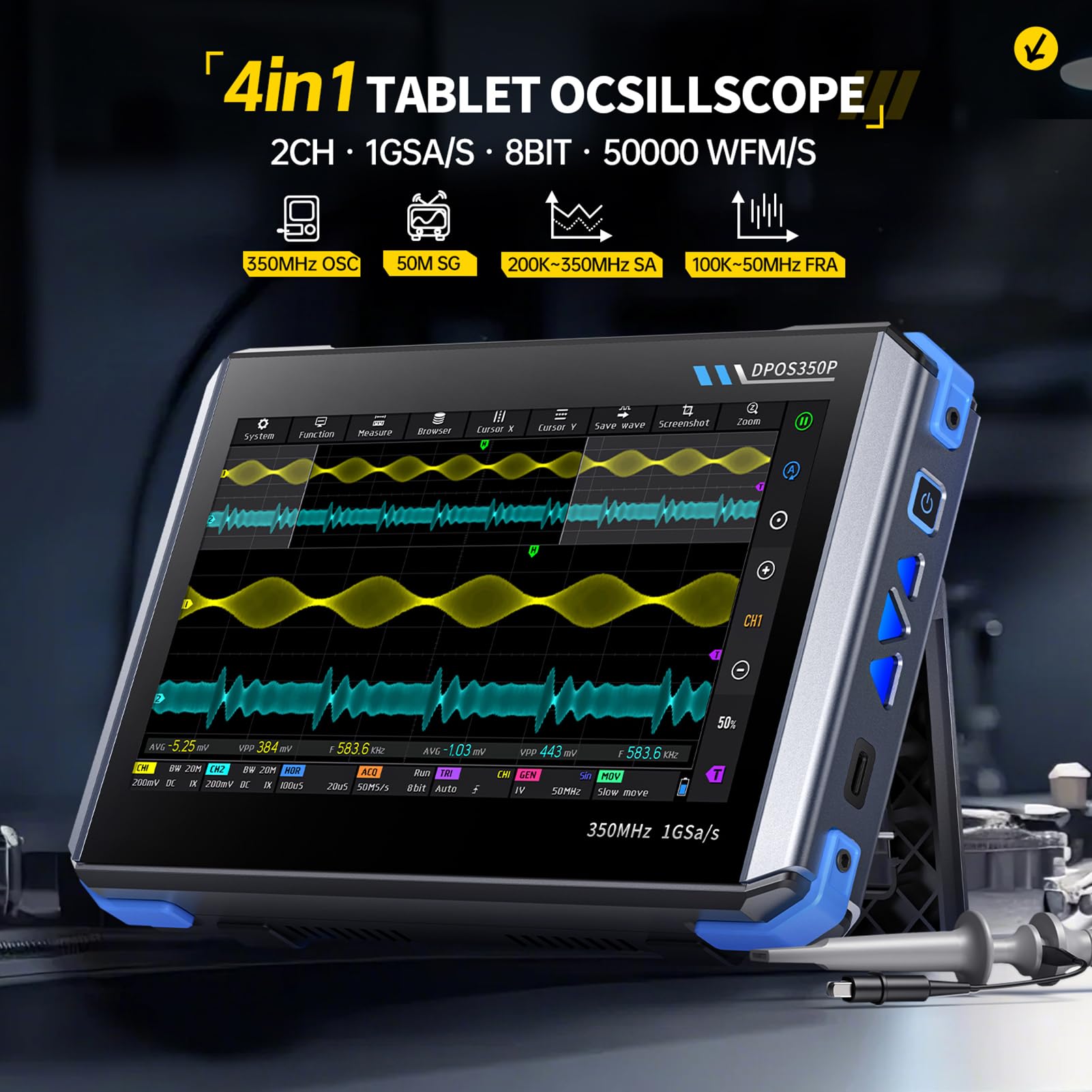 Oscilloscopio DPOS350P, 4 in 1 Oscilloscopio Portatile/Generatore di segnali/Analizzatore di spettro/Analizzatore di risposta in frequenza,Touch screen IPS da 7 pollici