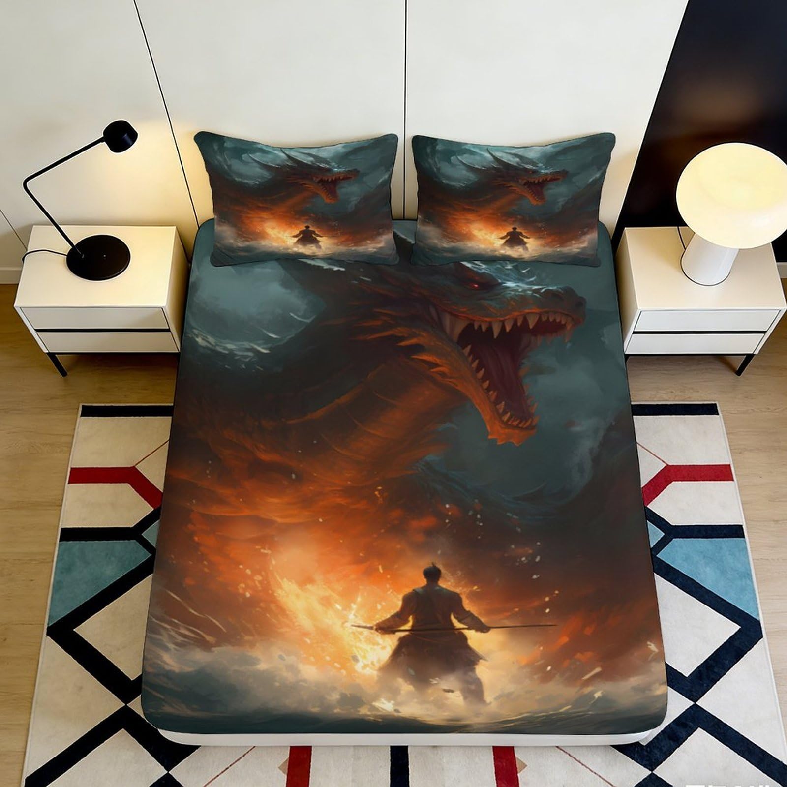 3D Printed Fantasy Dragon Fitted Sheet Microfiber Deep Pocket Non-Slip Bedroom Bedding Set Dragon Mattress Fitted Cover Full Wrap Washable 200x200x25cm
