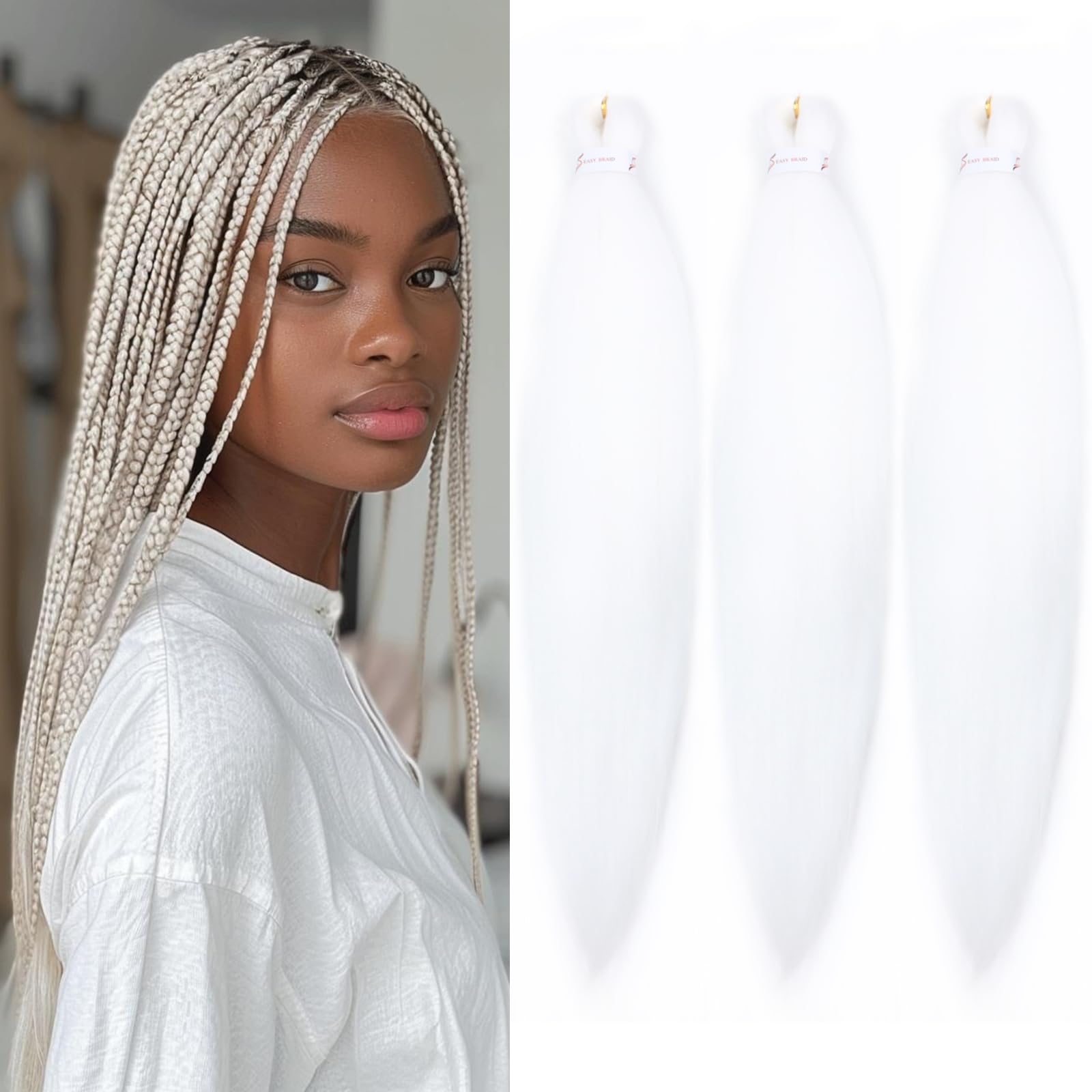Braiding Hair Pre Stretched 16 Inch 3 Packs, White Pre stretched Braiding Hair for Professional Braiding Hair Extensions, Hot Water Setting Yaki Texture Synthetic Hair