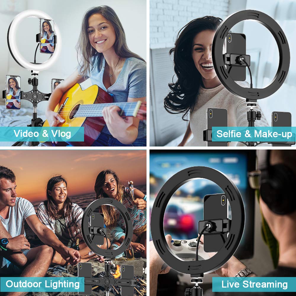 10"Selfie-Ringlicht mit 63" Stativ-Ständer, Bluetooth-Fernbedienung, 3 Handy-Halterungen & Mikrofon-Clip, Circle Lights LED-Ringlicht für Tik Tok/YouTube Videos, Make-Up, Fotografie & Live-Streaming