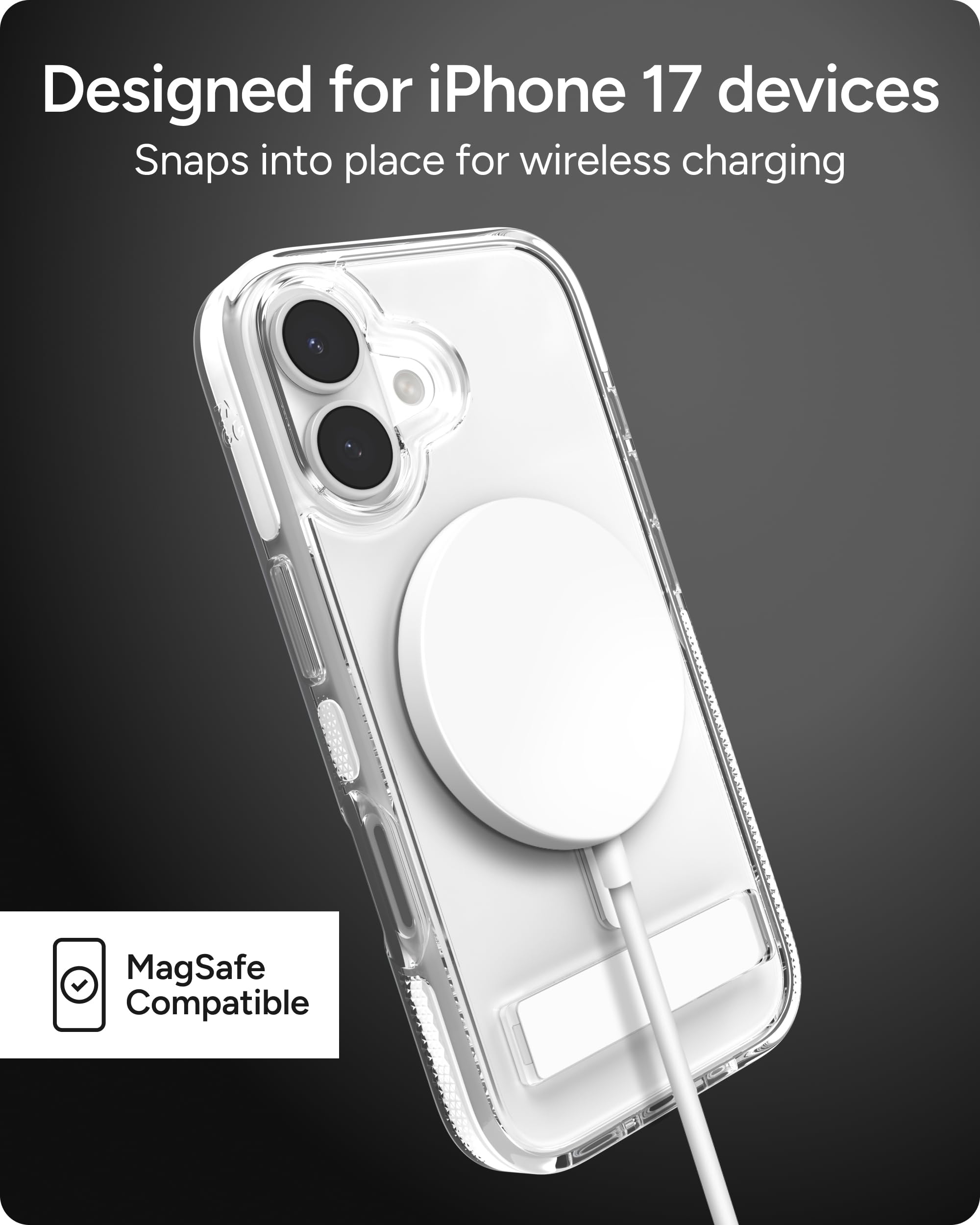Zagg Santa Cruz Schnapp-Schutzhülle mit Ständer für iPhone 17, transparent, Fallschutz (4 m), MagSafe-Ladekompatibel, ClearGuard-Anti-Vergilbungstechnologie, Kratzfeste Hülle, weiß