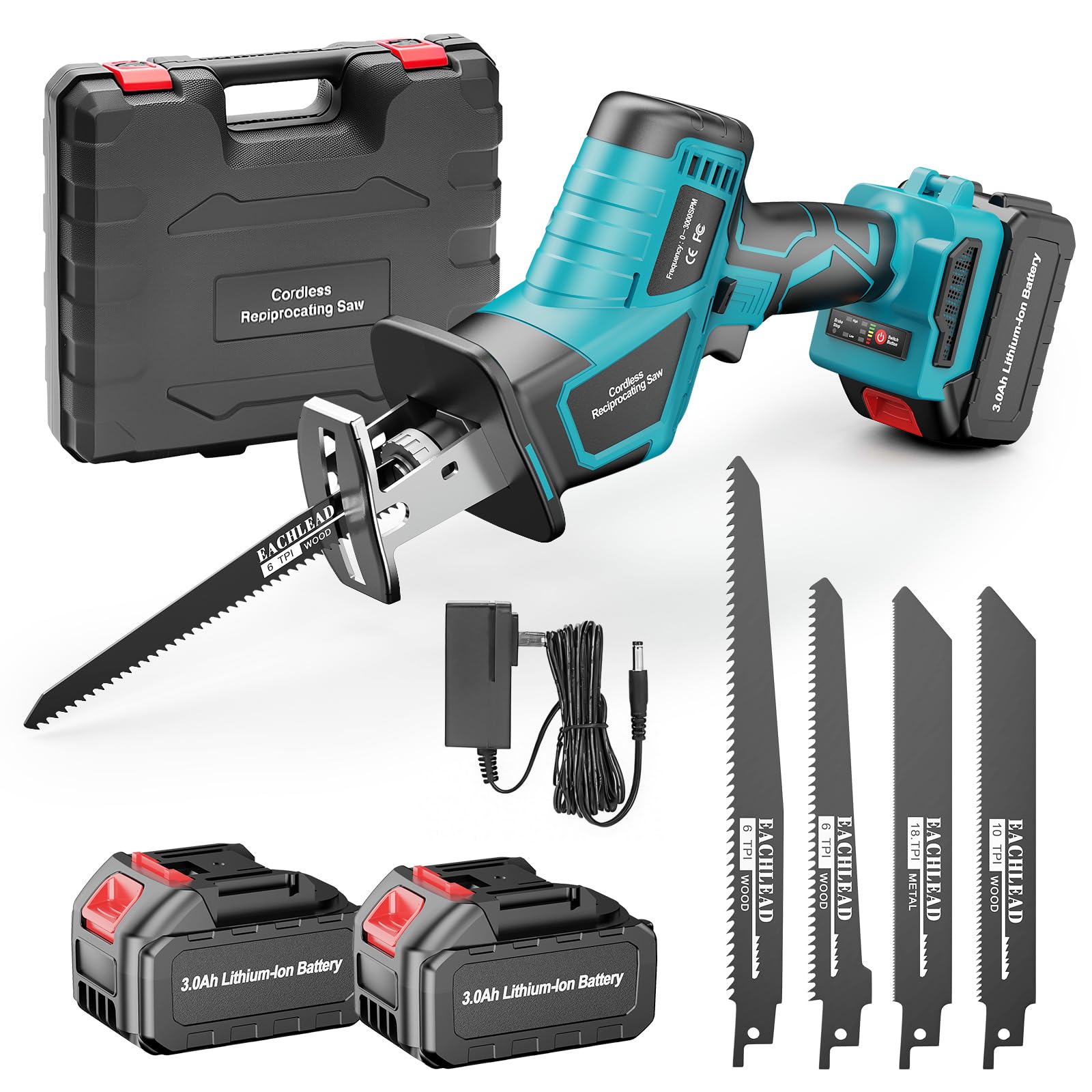 Scie sabre sans fil Compatible avec Batterie Makita 18V, 6 Vitesses Jusqu'à 3500 SPM Scie alternative Electrique avec 2×3.0Ah Batterie, 4 Lame, et Pour Bois et Métal