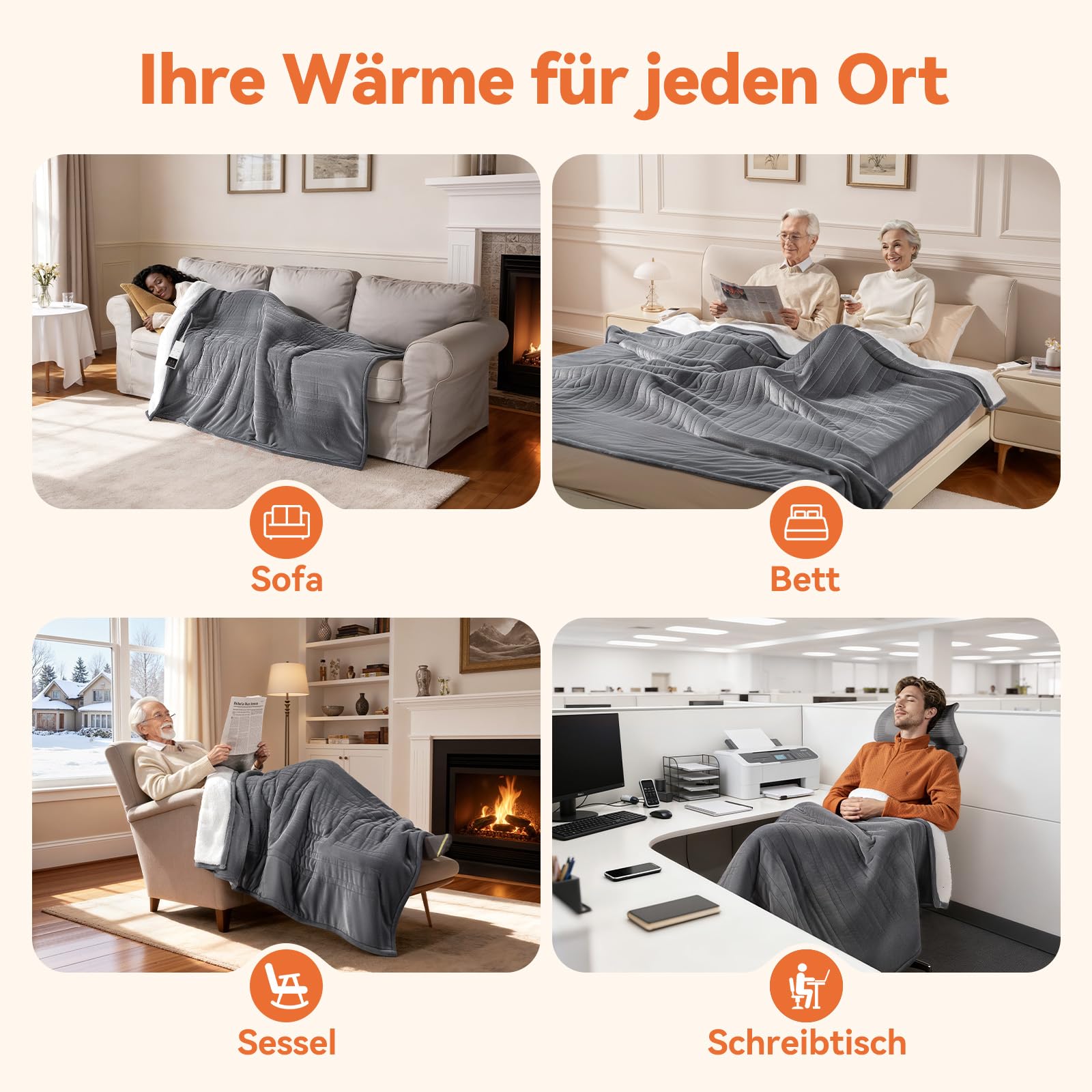 Heizdecke mit Abschaltautomatik & 9-Fach Wärmezonen 160x120 cm, 1-9h Timer mit Memory-Funktion, Schnellwärme & Gleichmäßige Wärme, Doppelseitig Flanell & Schaffell wärmedecke elektrisch