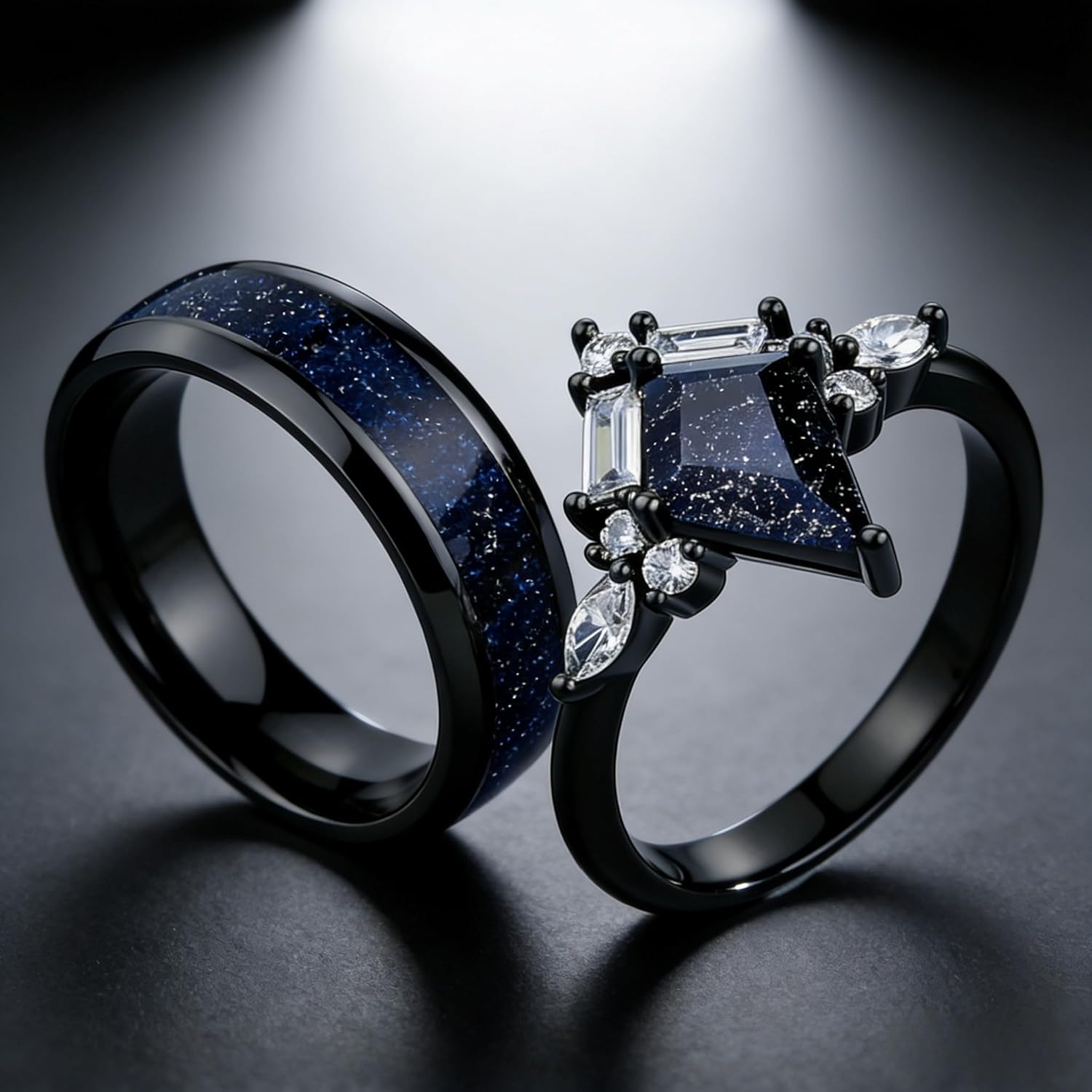 Celestial Couple Ring Set, Kite-Cut Blue Sandstone with Marquise CZ, Black PVD Plated Stainless Steel, Stackable Gothic Wedding Band