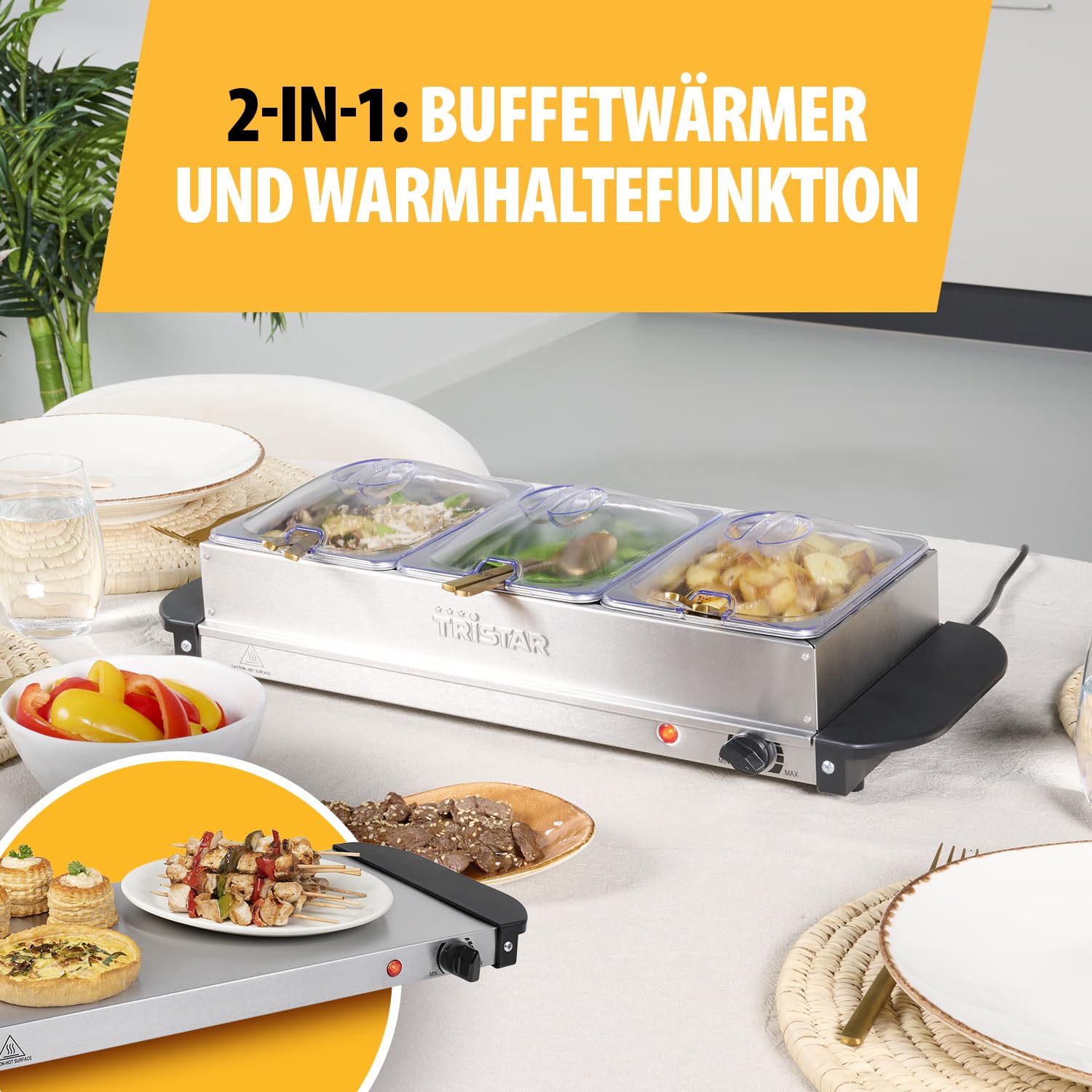 Tristar Edelstahl Buffetwärmer für Partys & Buffets, 4,2 L, Einstellbares Thermostat, 3 Warmhaltebehälter, Heizplattenfunktion, 200 W, Silber, BP-6283